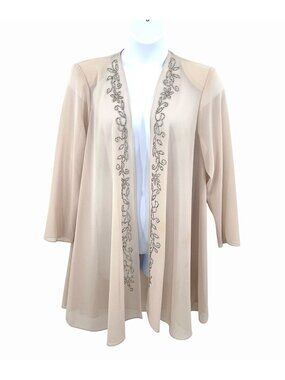 R&M RICHARDS BEIGE LONG SHEER OPEN FRONT CARDIGAN W/ BEAD EMBELLISHMENTS - 16W